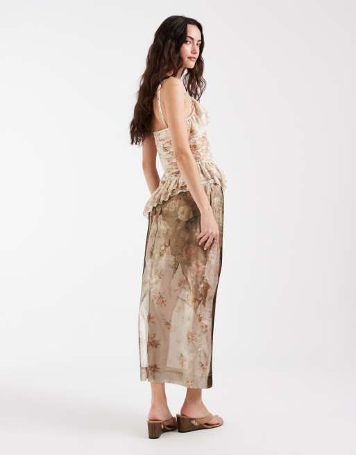Muse Assembly printed organza maxi skirt in muted florals, 5 of 6