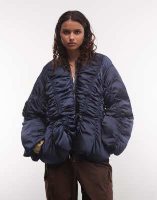 Muse Assembly Quilted Drawcord Waist Puffer Satin Style Jacket In Navy