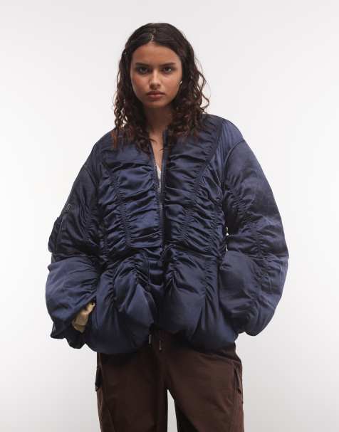 Muse Assembly quilted drawcord waist puffer satin style jacket in navy - view 1