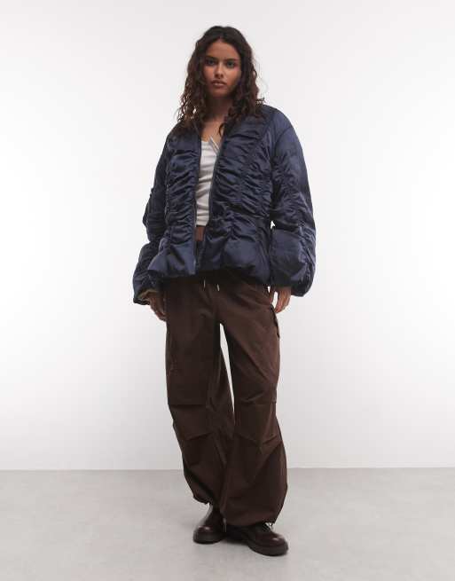 Muse Assembly quilted drawcord waist puffer satin style jacket in navy, 2 of 4