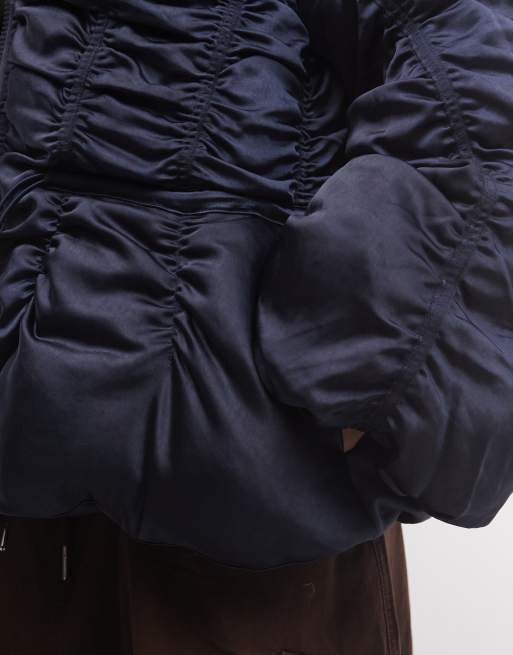 Muse Assembly quilted drawcord waist puffer satin style jacket in navy, 3 of 4