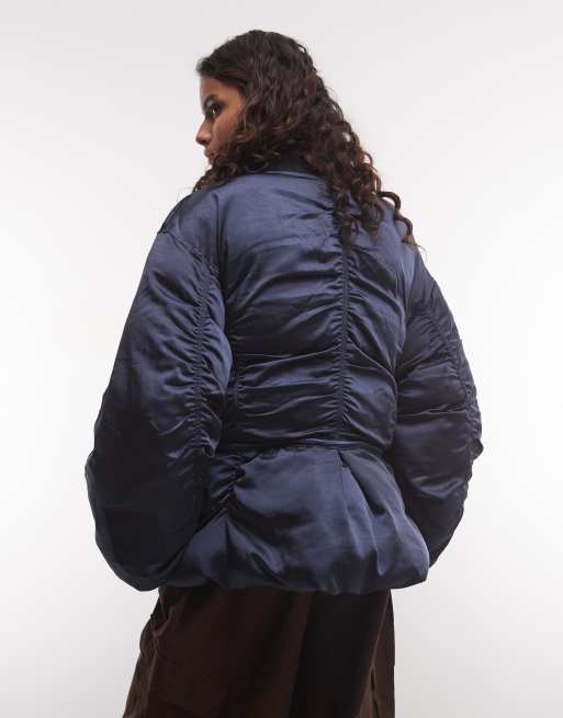 Muse Assembly quilted drawcord waist puffer satin style jacket in navy, 4 of 4