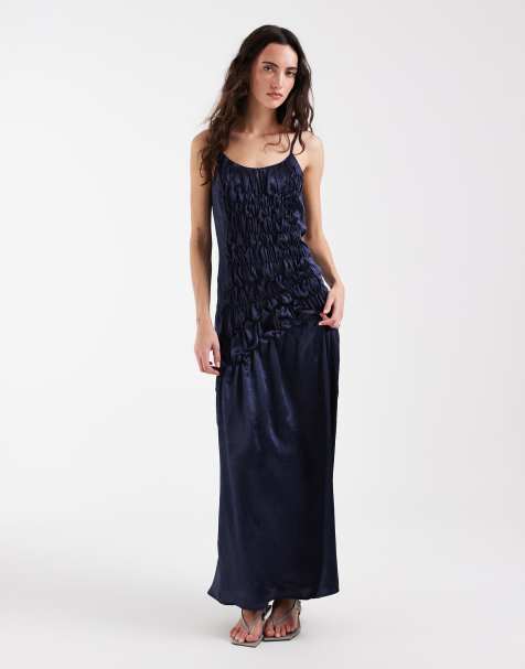 Muse Assembly ruched drop waist crushed satin maxi dress in navy - view 1