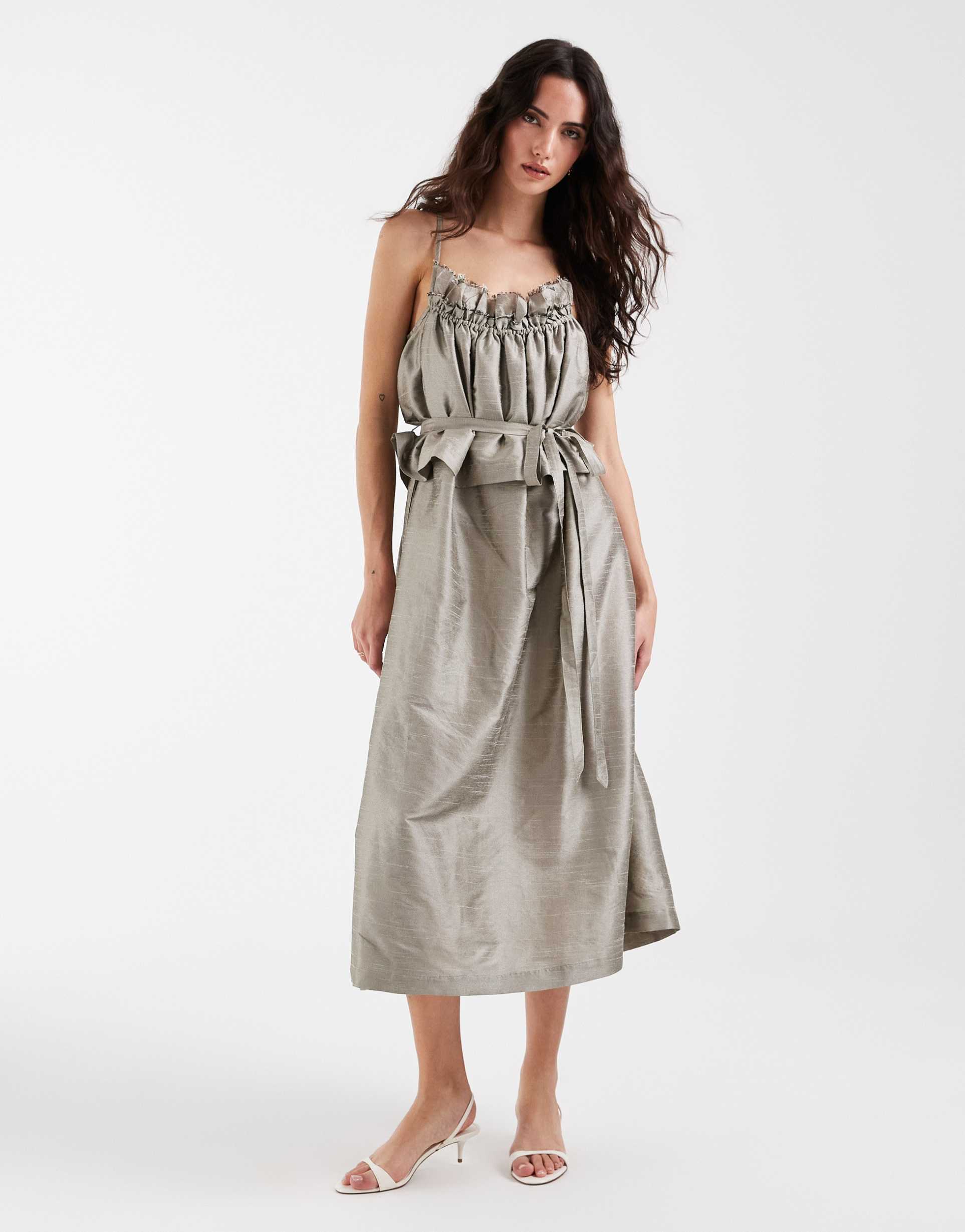 muse assembly ruched taffeta midaxi dress in sage