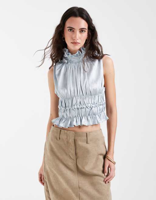 Muse Assembly ruffle high neck crop shirred top in blue crushed satin, 2 of 5