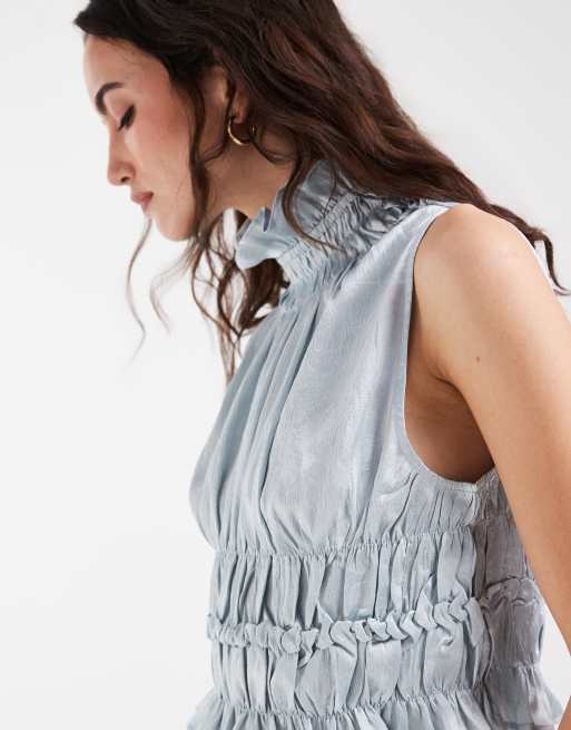 Muse Assembly ruffle high neck crop shirred top in blue crushed satin, 5 of 5