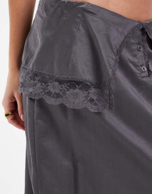 Muse Assembly satin kjol med spetskant i grått, 5 av 5