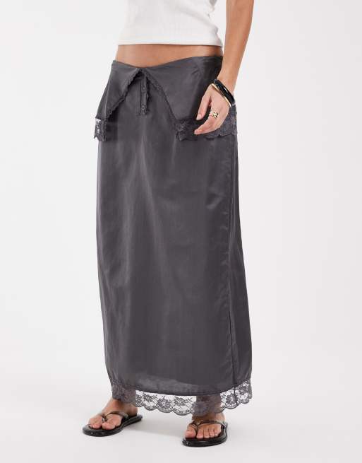 Muse Assembly satin lace trim polly skirt in grey, 4 of 5