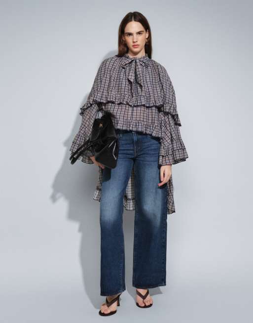 Muse Assembly selena boho bluse med flæser i blå og brun tern, 2 af 7