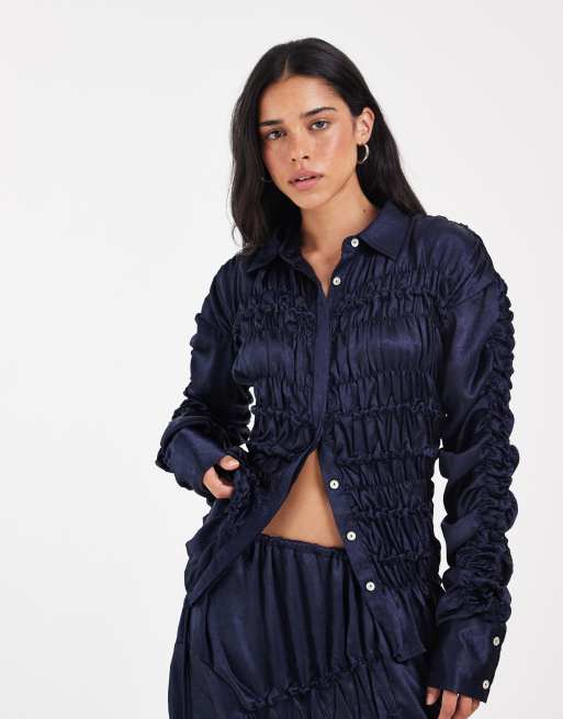 Muse Assembly shirred delphne shirt in navy, 2 of 5
