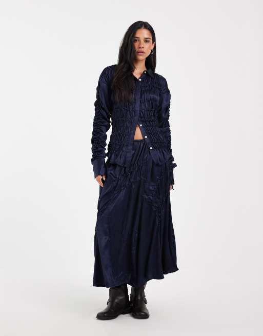 Muse Assembly shirred delphne shirt in navy, 3 of 5