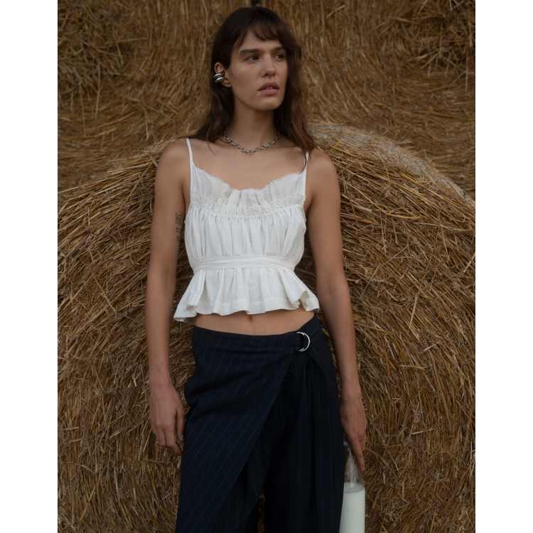 Muse Assembly shirred taffeta top with waist tie in white | ASOS