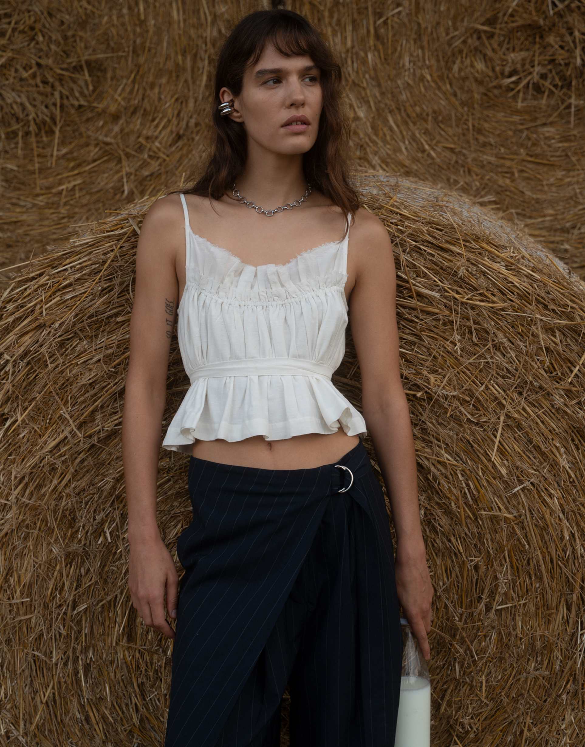 muse assembly shirred taffeta top with waist tie in white
