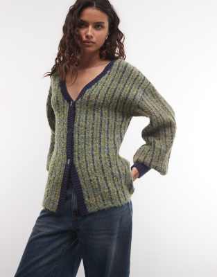 Muse Assembly Stripe Balloon Sleeve Cardigan In Gold