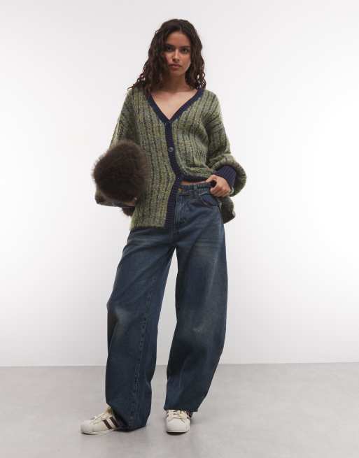 Muse Assembly stripe balloon sleeve cardigan in navy chartreuse, 2 of 4