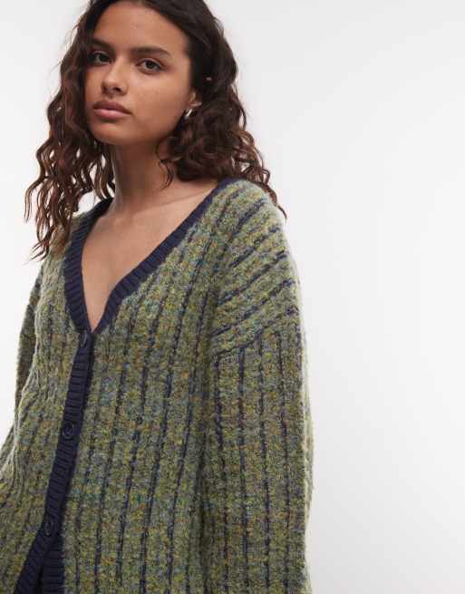 Muse Assembly stripe balloon sleeve cardigan in navy chartreuse, 3 of 4