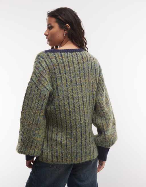 Muse Assembly stripe balloon sleeve cardigan in navy chartreuse, 4 of 4