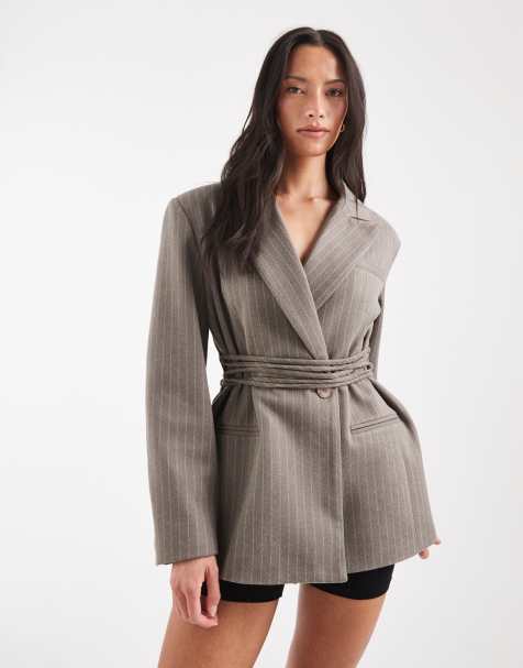 Muse Assembly structured blazer with cinched waist tie in grey pinstripe - view 1