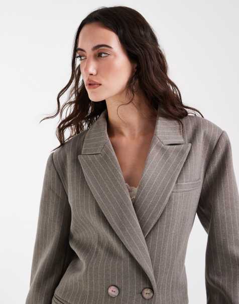 Muse Assembly structured blazer with sinched waist tie in grey pinstripe - view 1