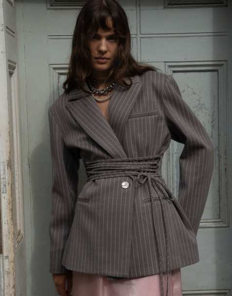 Muse Assembly structured blazer with sinched waist tie in grey pinstripe