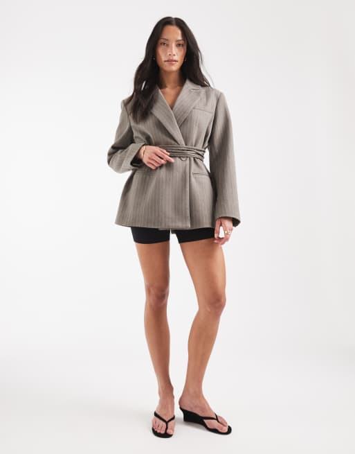 Muse Assembly structured blazer with sinched waist tie in grey pinstripe, 3 of 4