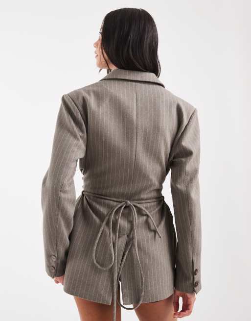 Muse Assembly structured blazer with sinched waist tie in grey pinstripe, 4 of 4