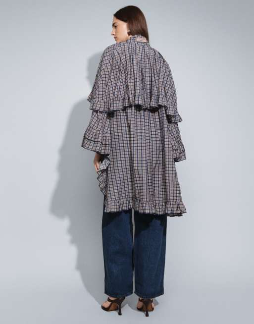 Muse Assembly top met ruches Selena in blauwbruine ruit, 4 van 7