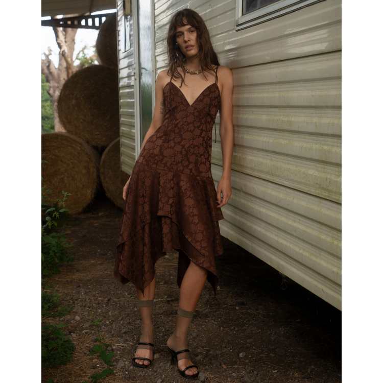 Muse Assembly v neck asymmetric hem midi dress in floral jacquard brown |  ASOS