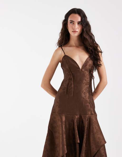 Muse Assembly v neck asymmetric hem midi dress in floral jacquard brown, 3 of 5