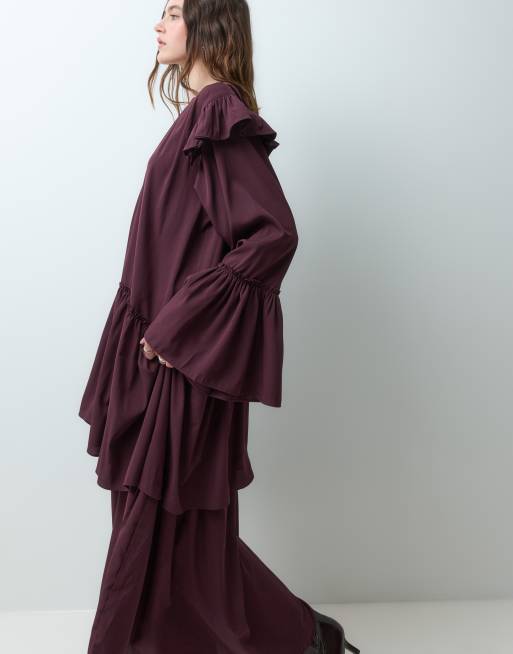 Muse Assembly vestido largo asimétrico con volante floral en berenjena, 5 de 5