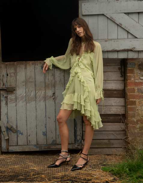 Muse Assembly - Vestito midi bohémien in chiffon stropicciato con volant verde mela - view 1