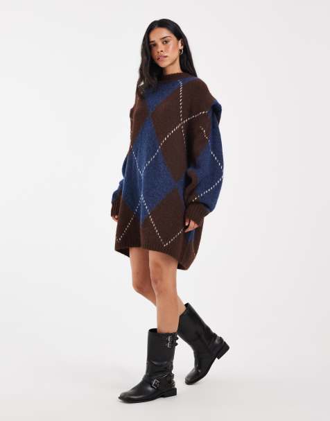 Muse Assembly vestito mini in maglia lucie a quadri marrone e blu - view 1