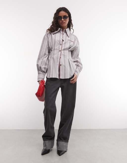 Muse Assembly western balloon sleeve sinched waist stripe shirt, 2 of 4