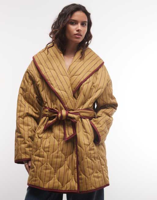Muse Assembly wrap quilted jacket in pale green with red stripe, 3 of 4