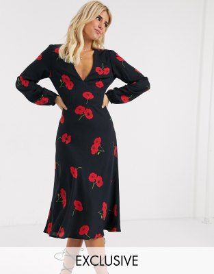 Musier Exclusive long sleeve poppy print midi dress-Black