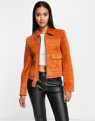 Muubaa 70s zip front suede leather jacket in mango