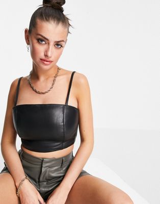 Muubaa Aria structured leather crop cami top in black - ASOS Price Checker