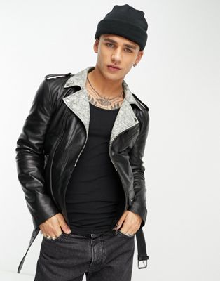 Muubaa belted leather biker jacket with white contrast lapels