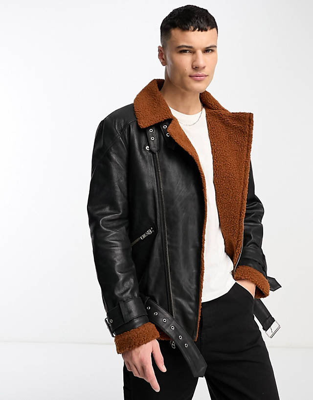 Muubaa - belted leather aviator jacket in black with faux shearling collar and cuffs