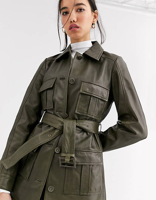 Muubaa belted utility patent leather jacket in olive | ASOS