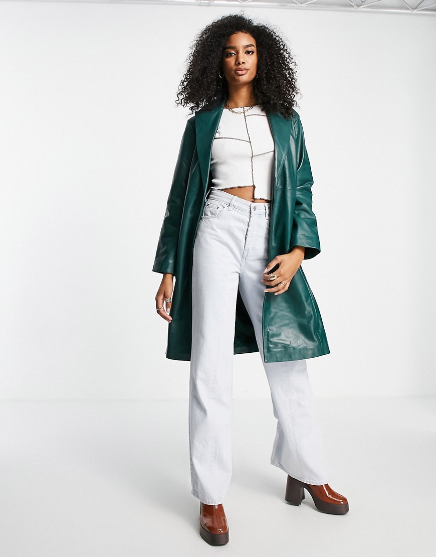Muubaa belted wrap front leather trench style coat in green