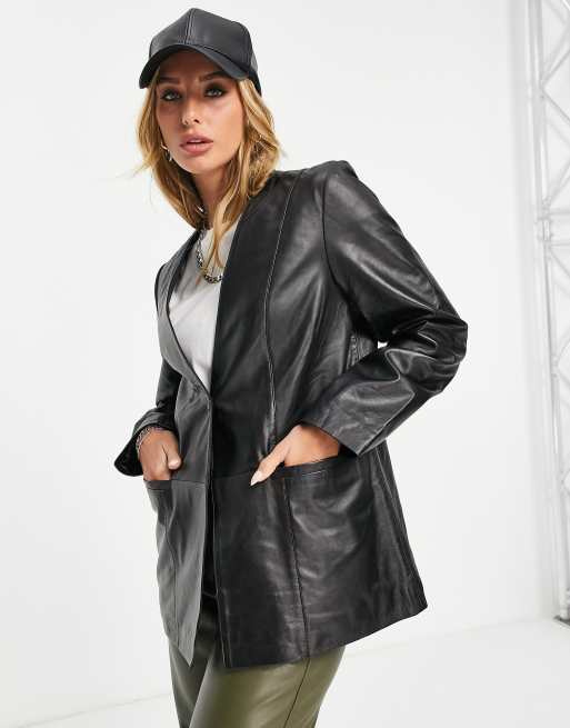 Muubaa - Blazer en cuir oversize sans col - Noir