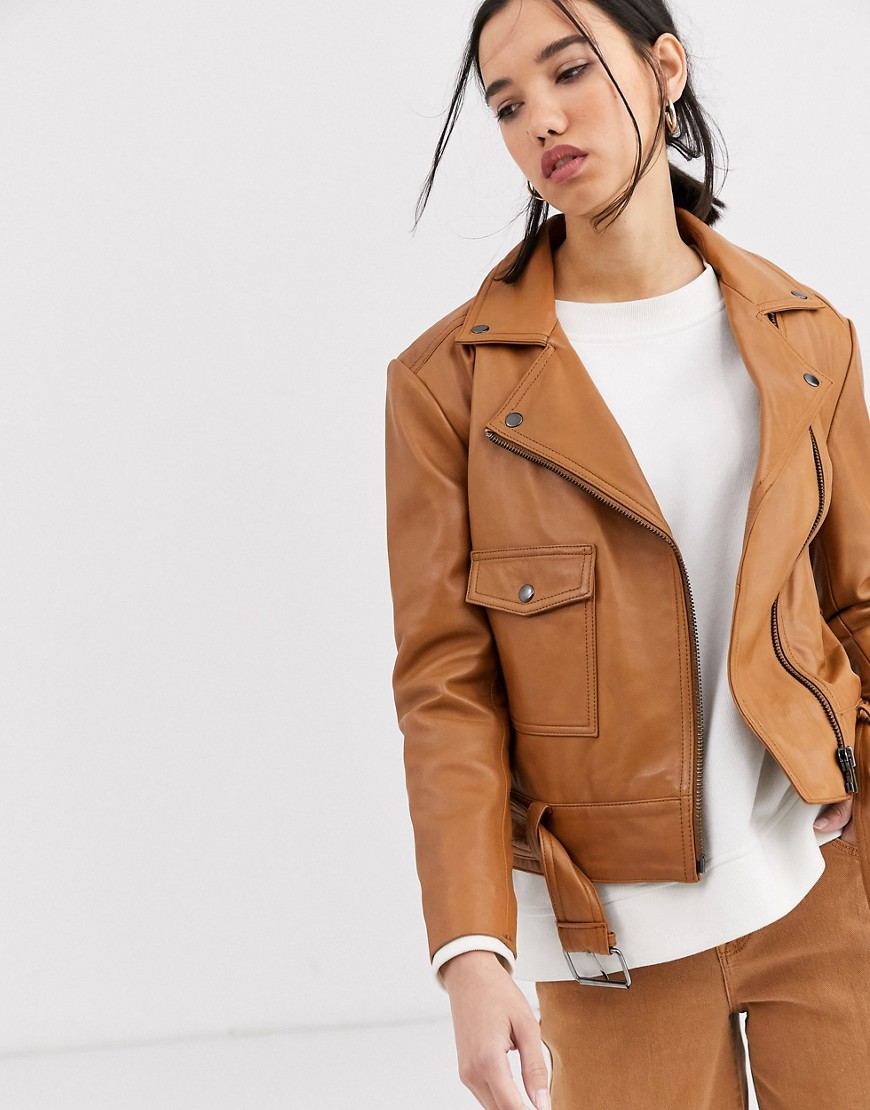 Muubaa boxy belted leather jacket in tonal colour-Brown