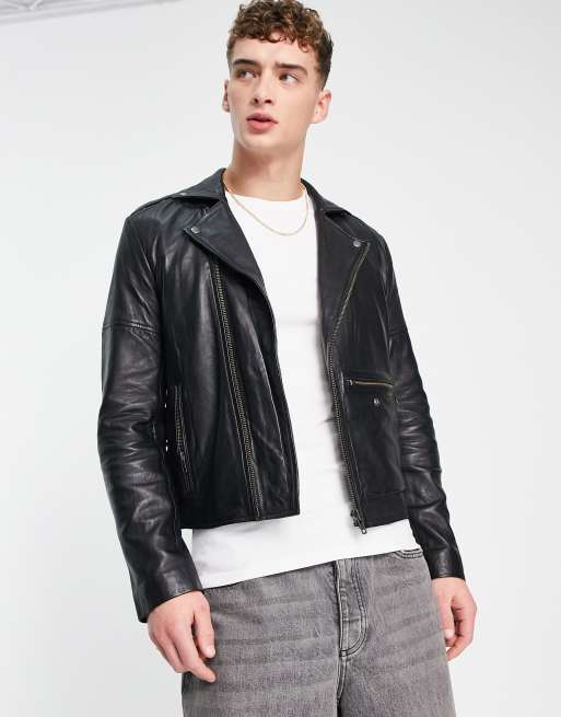 Muubaa - Boxy bikerjack van leer in zwart