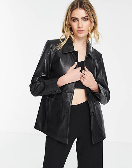 Muubaa button front leather shacket in black | ASOS