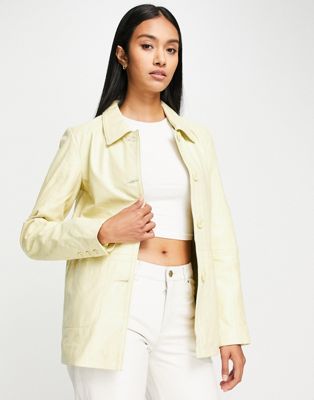 Muubaa button front leather shacket in buttercream - ASOS Price Checker
