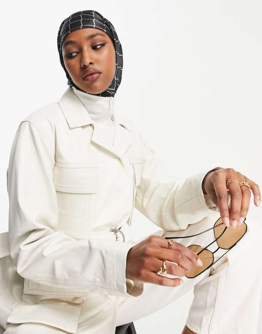 Muubaa – Chloe – Longline-Lederjacke in Creme im Utility-Stil mit Gürtel, 2 von 4