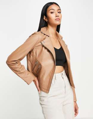 Muubaa classic leather biker jacket in camel - ASOS Price Checker