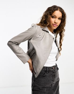Muubaa classic leather biker jacket in taupe - ASOS Price Checker