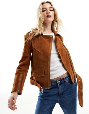 Muubaa classic leather suede biker jacket in tan | ASOS
